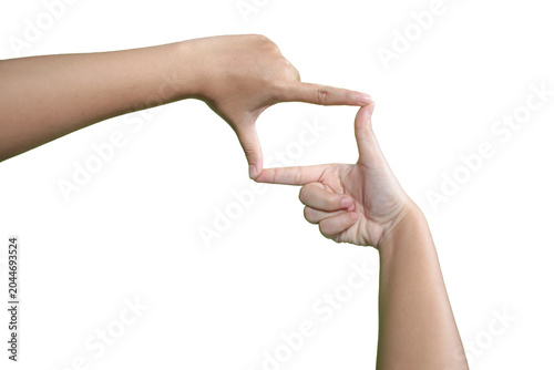 Woman hands making a cool frame . Isolated on a white background.