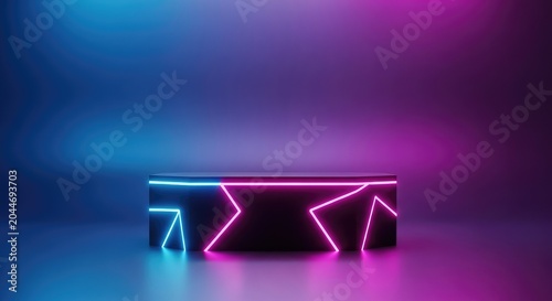 Sleek empty podium features glowing neon accents and minimalist design, creating the perfect stage for showcasing advanced digital concepts, display, interior, vibrant