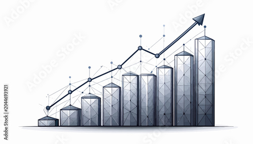 A rising graph chart with blue bars and an upward arrow trend showing business growth and success in finance and economy.