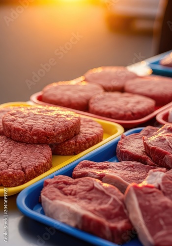 Vibrant display of fresh beef patties and sliced steaks on colorful trays at an outdoor market stall during the warm sunset golden hour, culinary, trays, preparation