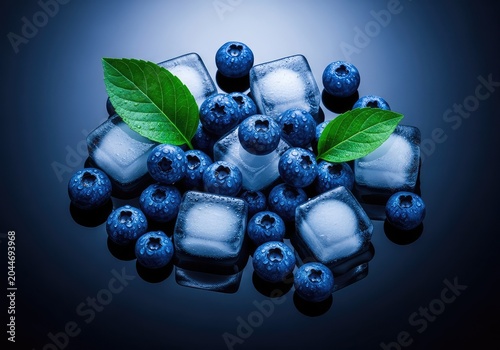 Vibrant fresh blueberries scattered with crystal clear ice cubes and lush green leaves on a dark reflective surface in a cool blue tone, botanical, vibrant, organic