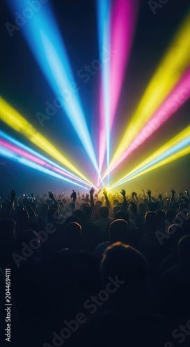 Vibrant light beams illuminate a dense gathering of silhouettes at a high energy music event during a massive outdoor night festival, rays, euphoria, scene