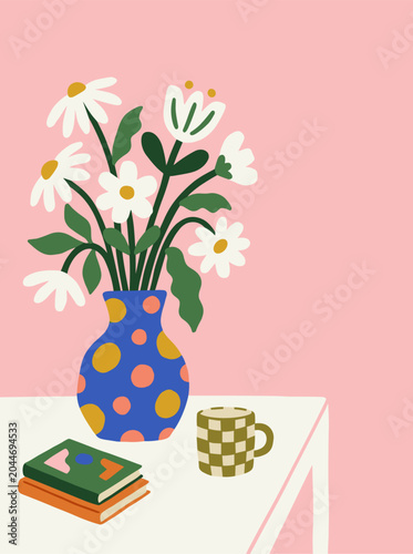 Flower Bouquet in Patterned Vase Decorative Floral Wall Art Illustration