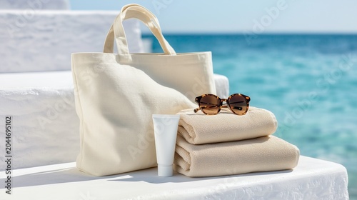Beach tote bag with towels and sunscreen mockup for summer skincare and resort branding design