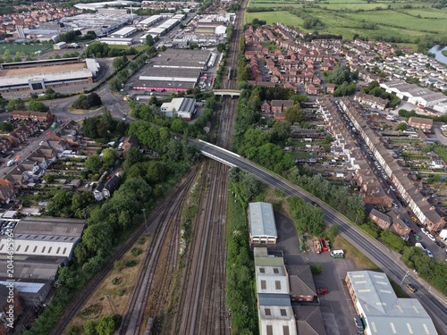 Aerial drone 4K view of town and river with natural green banks Burton on Trent