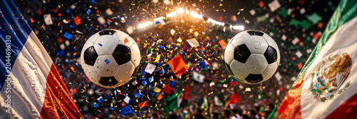 two soccer balls mid air in...