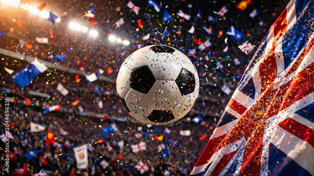 Naklejka premium soccer ball flying in midair over a brightly lit crowded sports stadium during a football championship match with flying confetti and the united kingdom flag