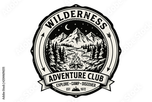 Flat vector of a black and white adventure badge featuring campfire