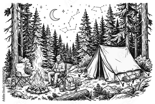 Black and white vector tent camping scene