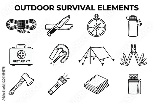 black and white vector outdoor survival elements collection
