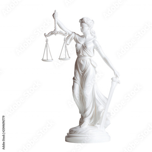 Lady justice statue holding scales and sword, symbolizing law, fairness, and impartiality on transparent background