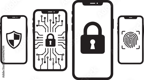 Mobile security icons set, smartphone padlock illustration, cybersecurity phone lock vector, data protection concept, digital privacy symbol, cell phone safety graphics, encrypted mobile access, tech 