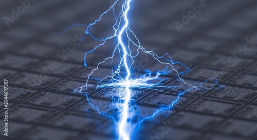 Blue Lightning Strike on a Microchip Surface.