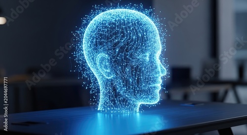 Digital human head hologram representing artificial intelligence and technology.