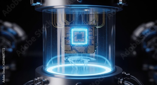 Quantum Computing Processor in Glass Chamber with Blue Light.