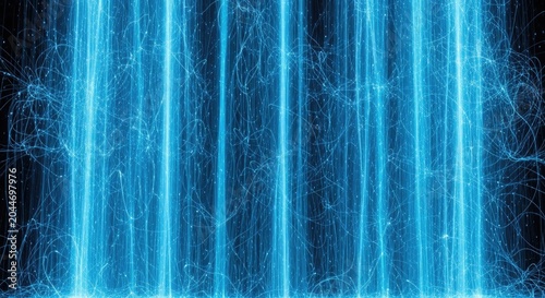 Abstract Blue Light Beams Flowing Downward on Dark Background.