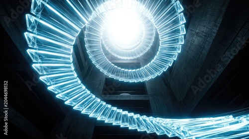 Abstract Spiral Staircase with Glowing Blue Light.