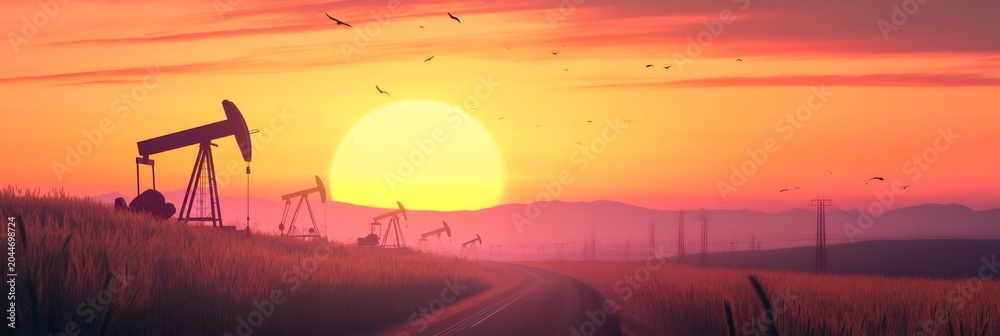 Naklejka premium Oil pumps are extracting petroleum from the ground in a scenic landscape at sunset, with a road, birds flying, power lines, hills and a large setting sun