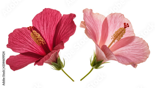 Cuadro en lienzo Two hibiscus flowers one deep pink one light pink, with visible stamens and pist