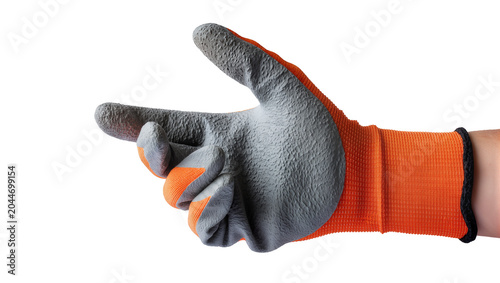Photos Hand wearing orange and gray textured work glove pointing forward