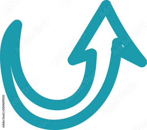 Simple turquoise blue hand-drawn style curved arrow icon pointing upward isolated on a black background