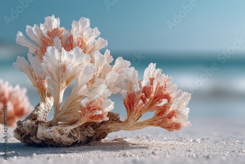 Ocean Treasure: A delicate coral formation rests on a sun-drenched beach, with the gentle waves of the turquoise ocean creating a serene backdrop.