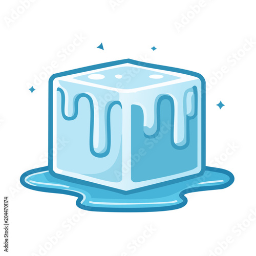 Melting ice cube with water drops and sparkles