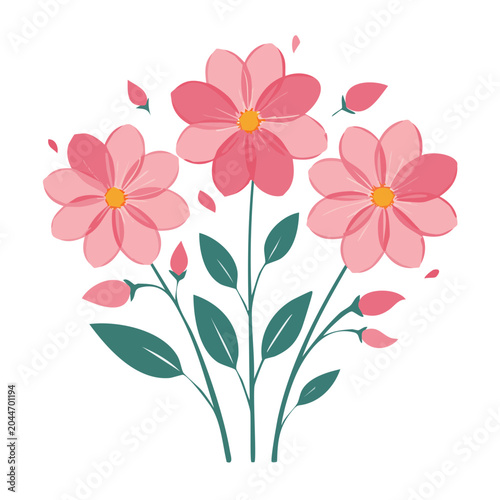Pink flowers bouquet with green leaves and buds