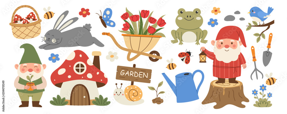 Fototapeta premium Cute fairy tale garden elements set with whimsical gnome characters, woodland animals, mushroom house, flowers and gardening accessories for spring nature designs