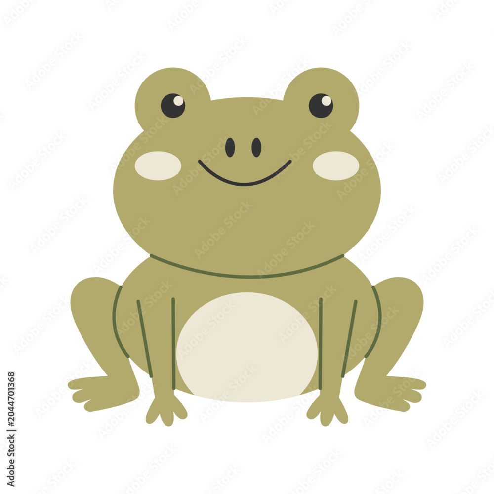 Fototapeta premium Cute smiling frog in whimsical fairy garden style, charming woodland amphibian illustration for nursery decor, storybook designs and enchanted nature themes