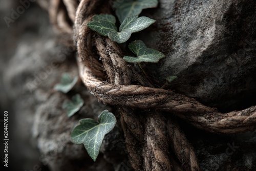 Ivy Embracing Stone: A close-up shot reveals delicate ivy leaves entwined with a thick, weathered rope, set against the rough texture of a stone surface.