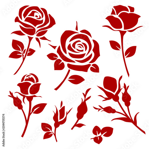 Red Rose Flower Silhouettes Set for Floral Decoration