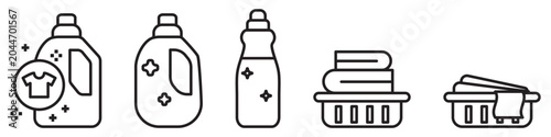 Photos Washing icon set including detergent with T-shirt, detergent bottle, softener, clean clothes, and dirty clothes symbols