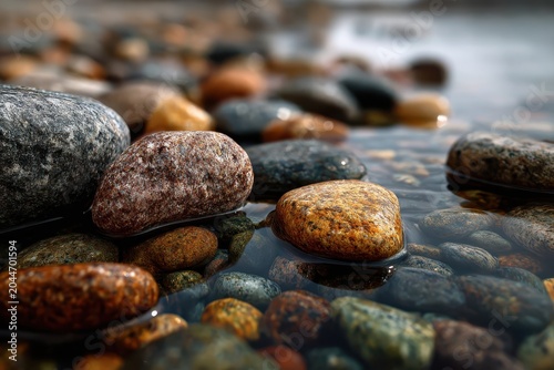 Smooth River Stones: A close-up view of smooth, colorful river stones resting in shallow, clear water, showcasing the beauty of natural textures and patterns.