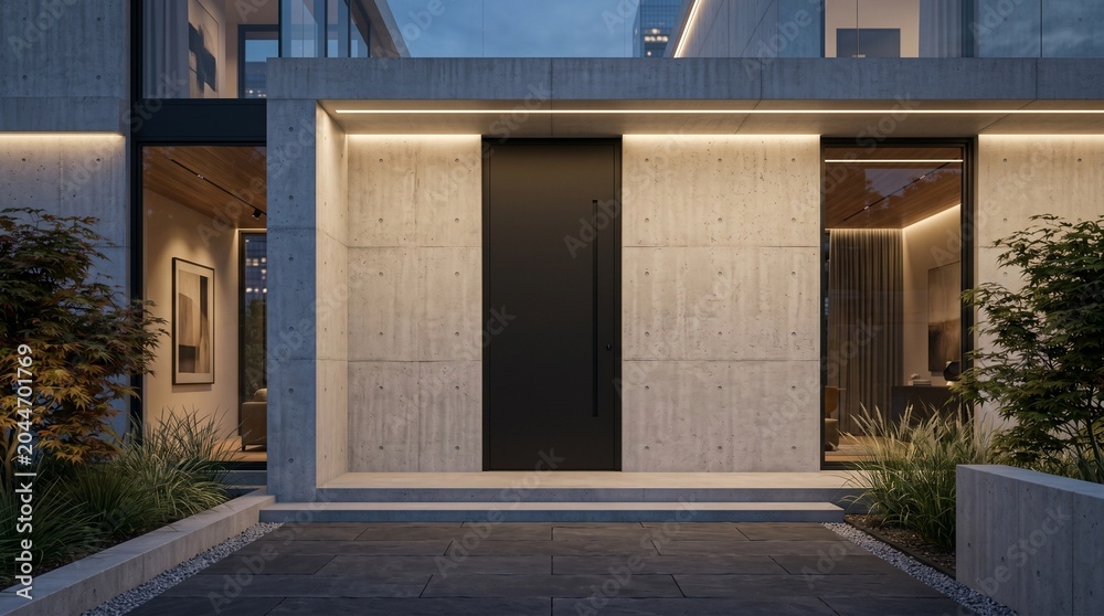 Fototapeta premium Modern architectural entrance with minimalist concrete facade and subtle lighting creating a sophisticated facade