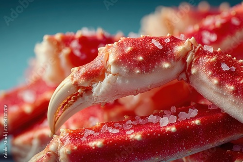King Crab Legs Delight: A macro shot reveals the intricate texture of succulent king crab legs, glistening with sea salt and ready to be savored. A delicious seafood indulgence.