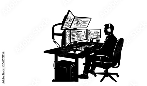 Foto Technology professional silhouette at computer workstation vector illustration