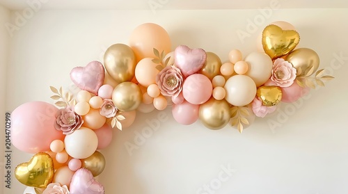 Elegant balloon garland decoration with pink and gold balloons and flowers for party celebration