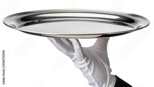 Photos Silver serving tray held by hand in white glove