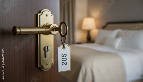 Foto A close-up view of a classic metal door handle with a hotel room key and a tag labeled 205, with a blurred hotel bedroom interior in the background