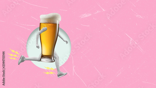 Billede på lærred Art collage of a running beer glass representing a pursuit for relaxation and al