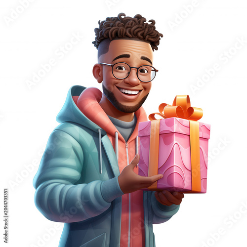 Cheerful young black man with glasses presenting a wrapped gift box, expressing joy and celebration transparent on background