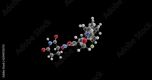 Golcadomide molecule, rotating 3D model of antineoplastic agent, looped video on a black background
