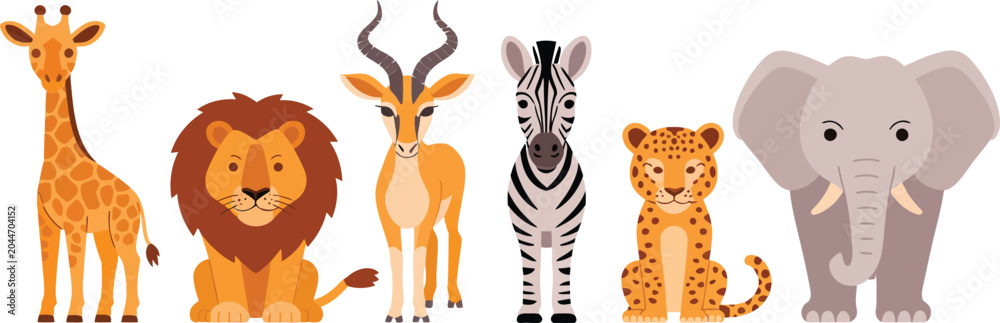 Fototapeta premium Cute African safari animals cartoon vector illustration set isolated on white background