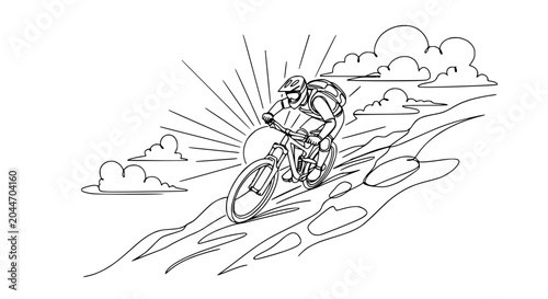 Fényképezés Mountain biker descending steep rocky trail, sunburst and clouds