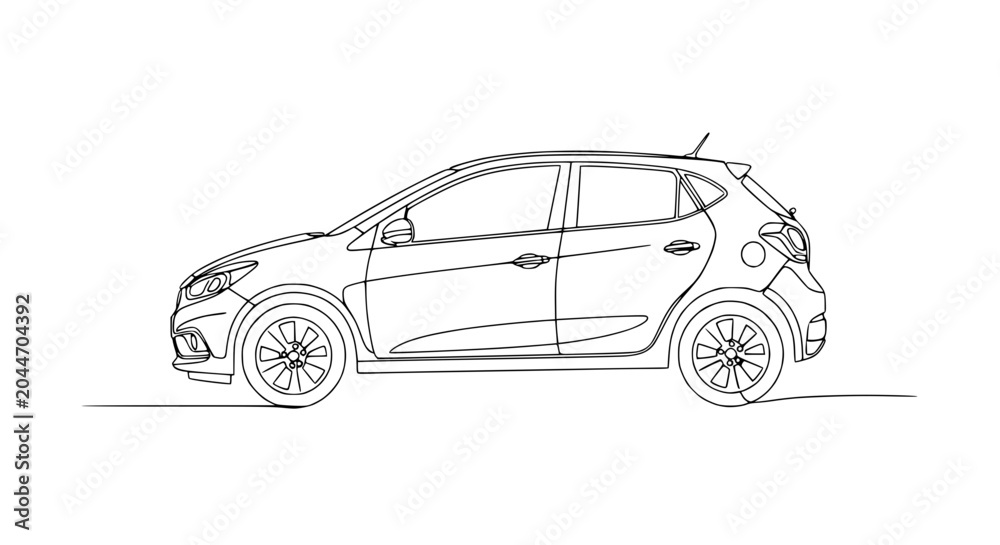 Fototapeta premium Minimalist continuous line drawing of a modern hatchback car, side view, clean design