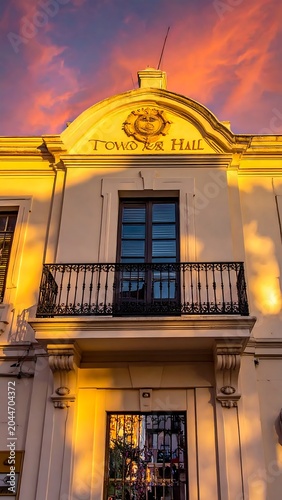 Illuminated Historic Town Hall Facade at Sunset with Pink Cloudy Sky