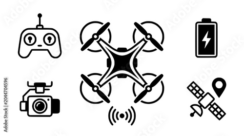 Drone technology icons showcase various components and related devices.