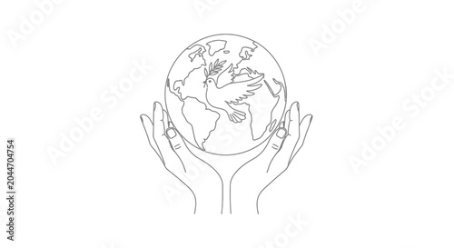Schilderij op canvas Hands Holding Earth with Dove of Peace and Olive Branch