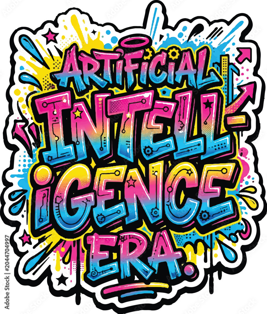 Fototapeta premium Artificial intelligence era colorful graffiti typography poster with artificial t-shirt desgin